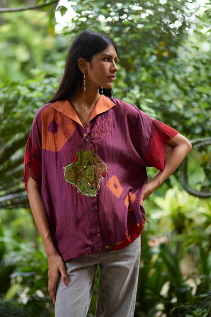 Plum Pure Silk Placement Bandhani Kaftan Shirt