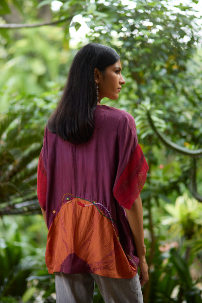 Plum Pure Silk Placement Bandhani Kaftan Shirt