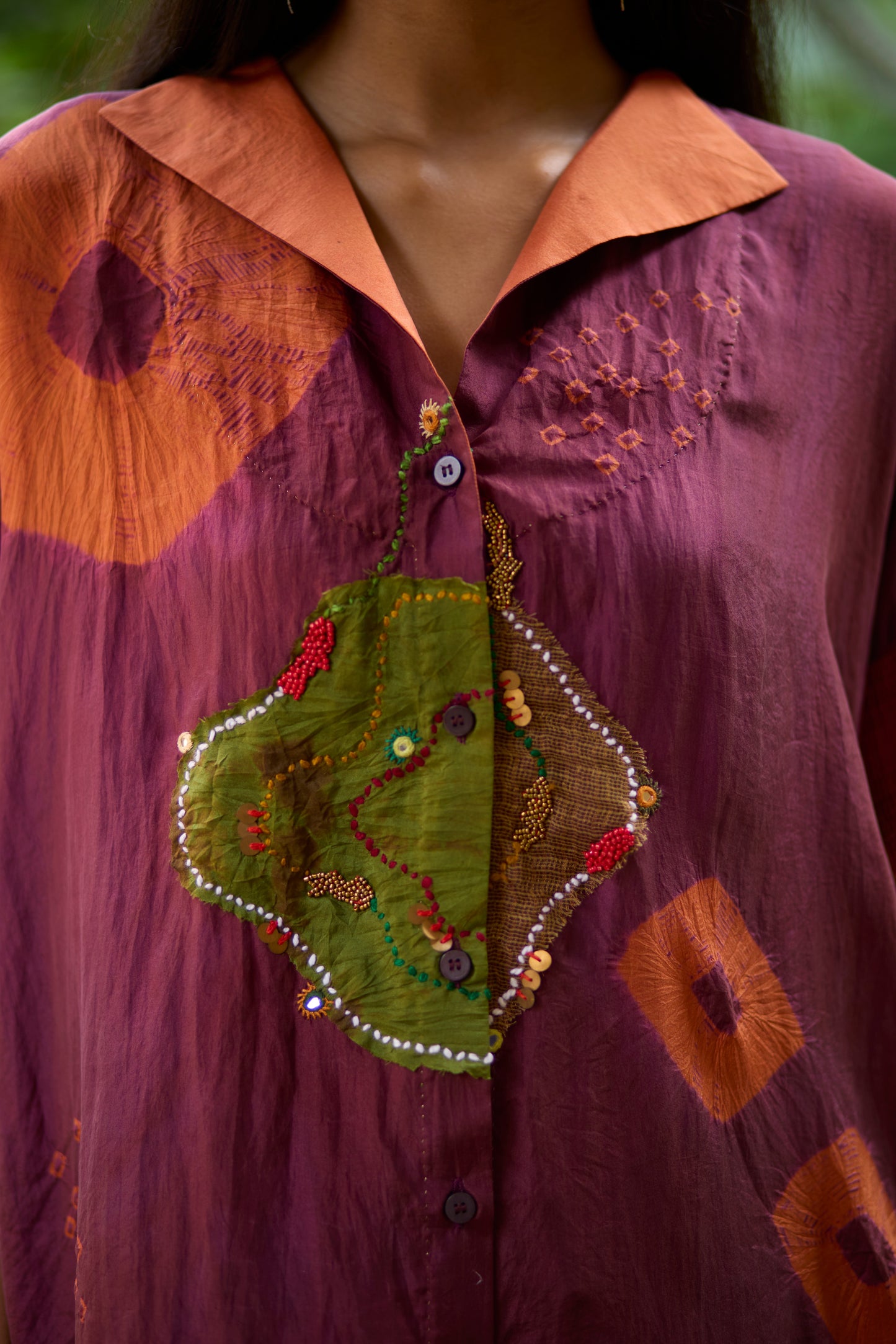 Plum Pure Silk Placement Bandhani Kaftan Shirt