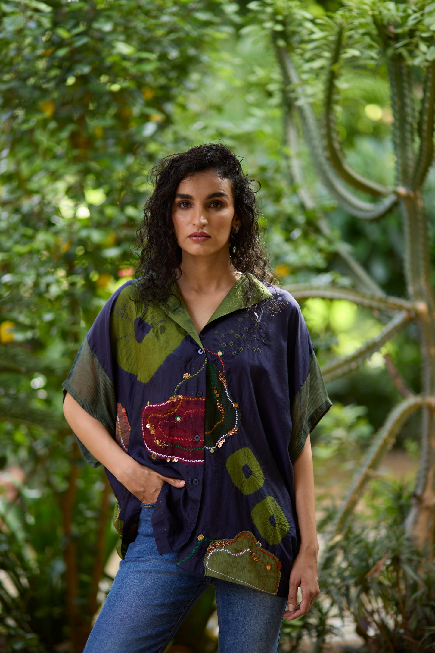 Blue Pure Silk Placement Bandhani Kaftan Shirt