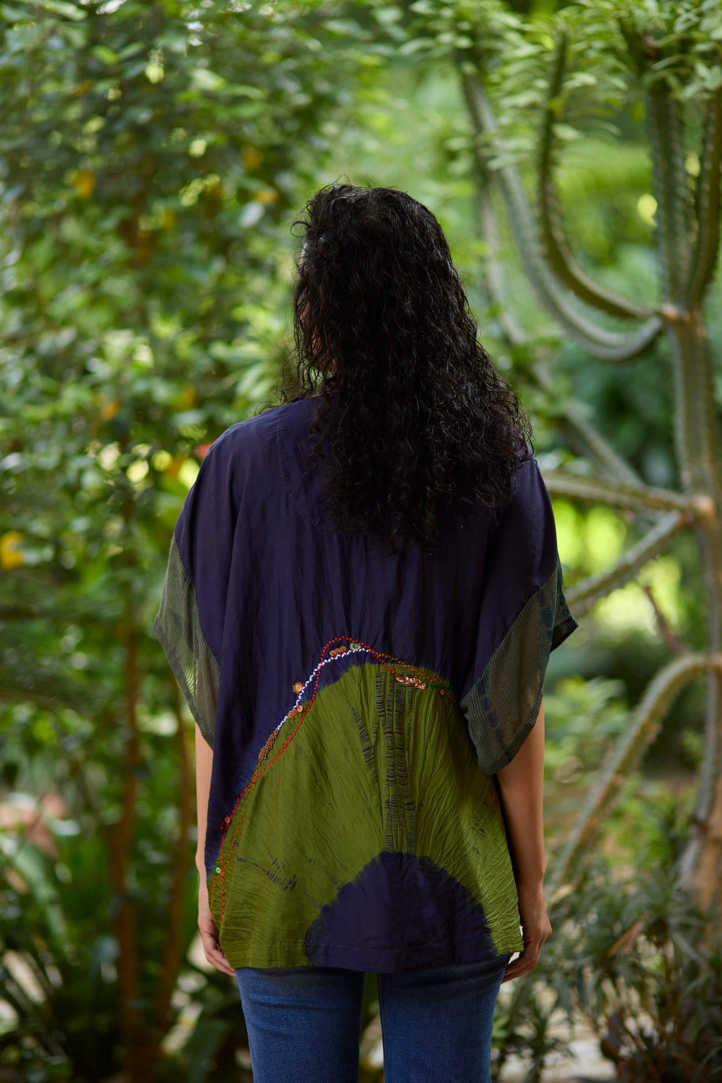 Blue Pure Silk Placement Bandhani Kaftan Shirt