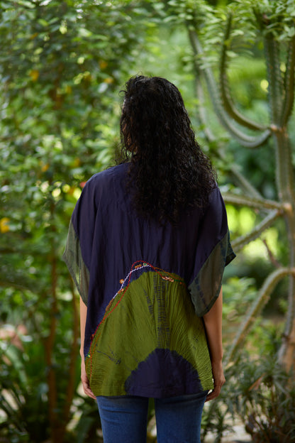 Blue Pure Silk Placement Bandhani Kaftan Shirt