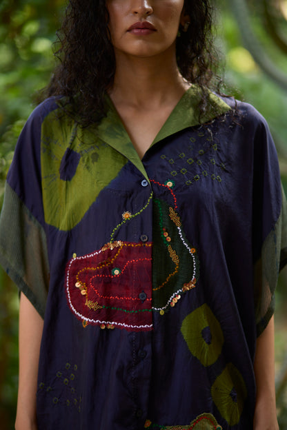 Blue Pure Silk Placement Bandhani Kaftan Shirt