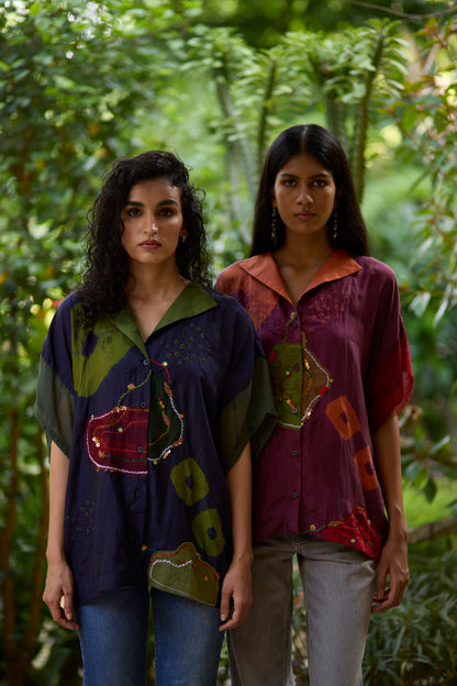 Blue Pure Silk Placement Bandhani Kaftan Shirt