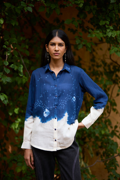 Blue & White Bandhani Ombre Cotton Shirt