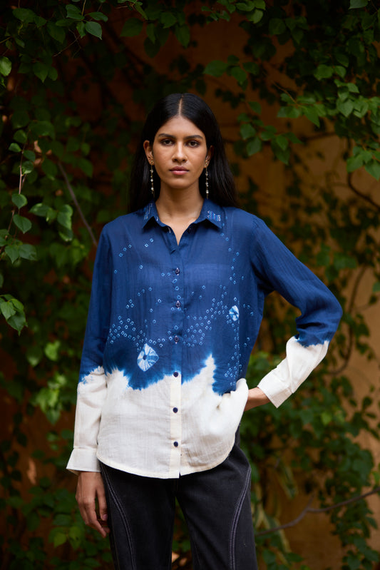 Blue & White Bandhani Ombre Cotton Shirt