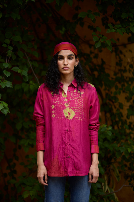 Pink Pure Silk Placement Bandhani Motif Shirt