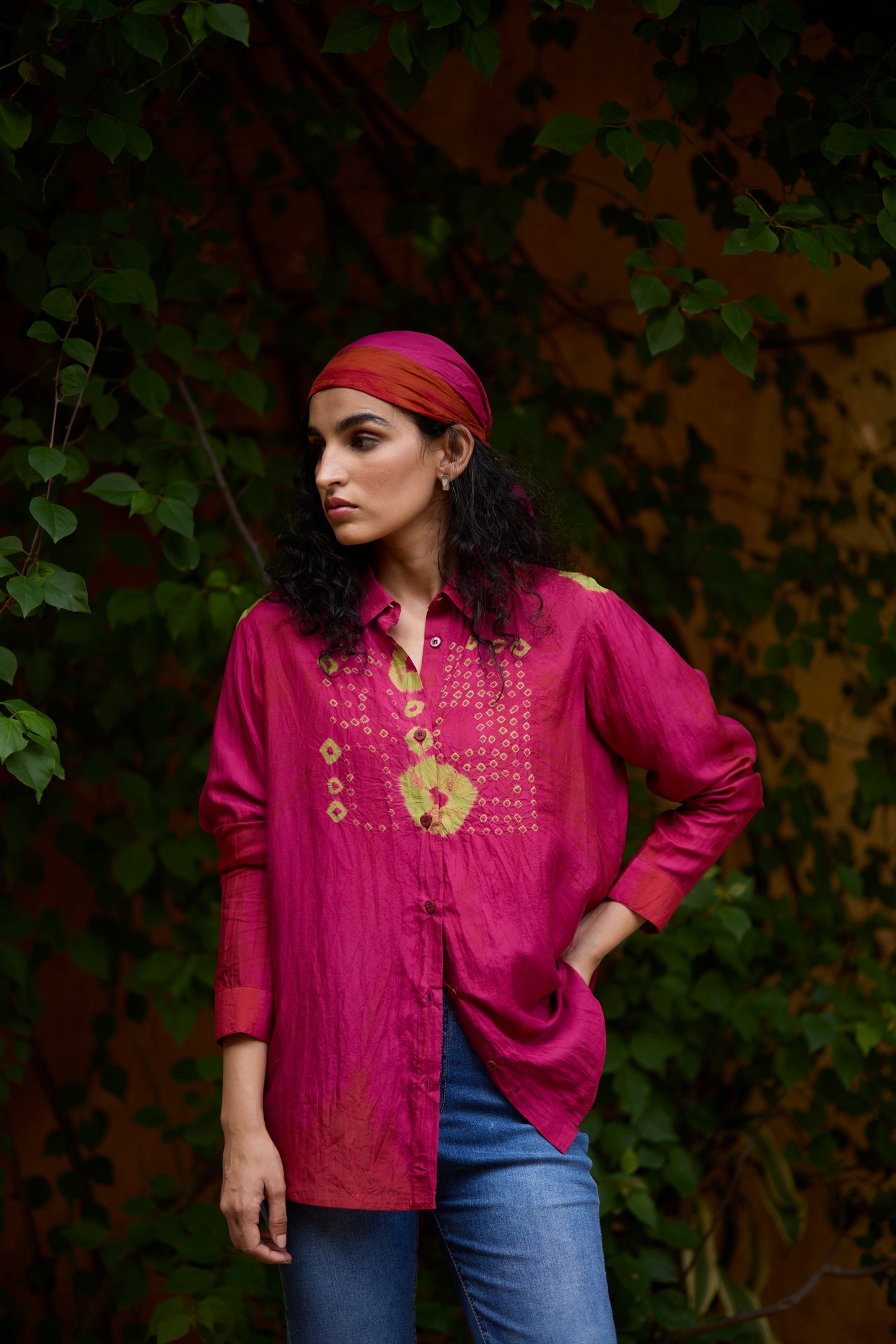 Pink Pure Silk Placement Bandhani Motif Shirt