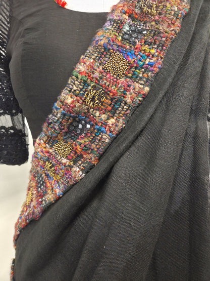 Black Linen Hand Embroidered Saree