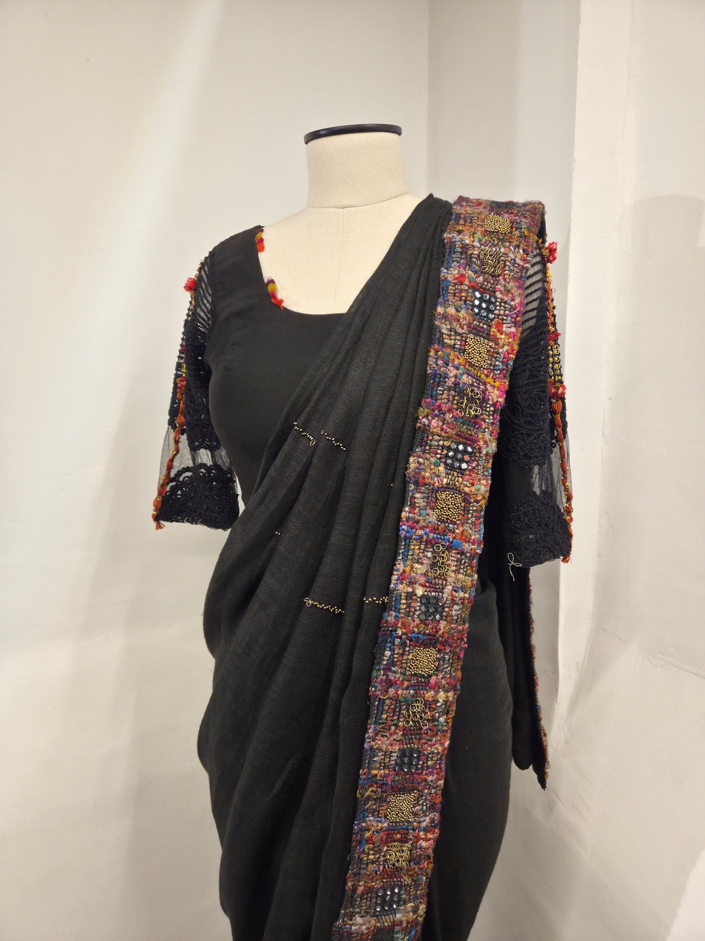 Black Linen Hand Embroidered Saree