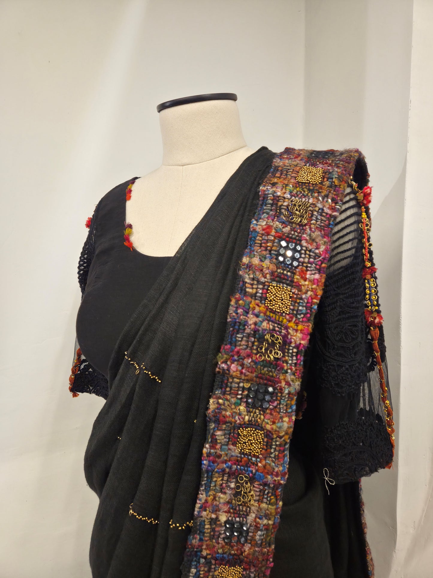 Black Linen Hand Embroidered Saree