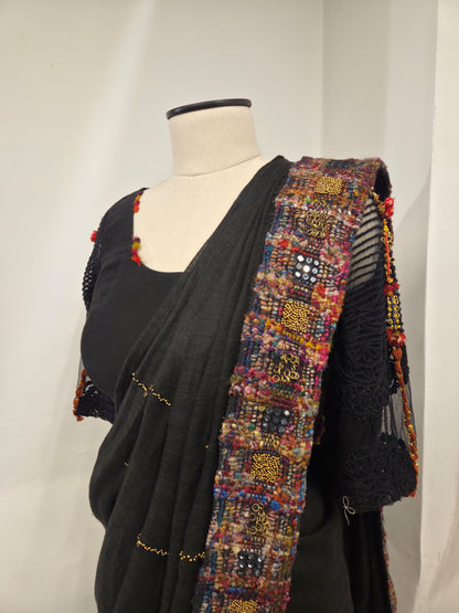 Black Linen Hand Embroidered Saree