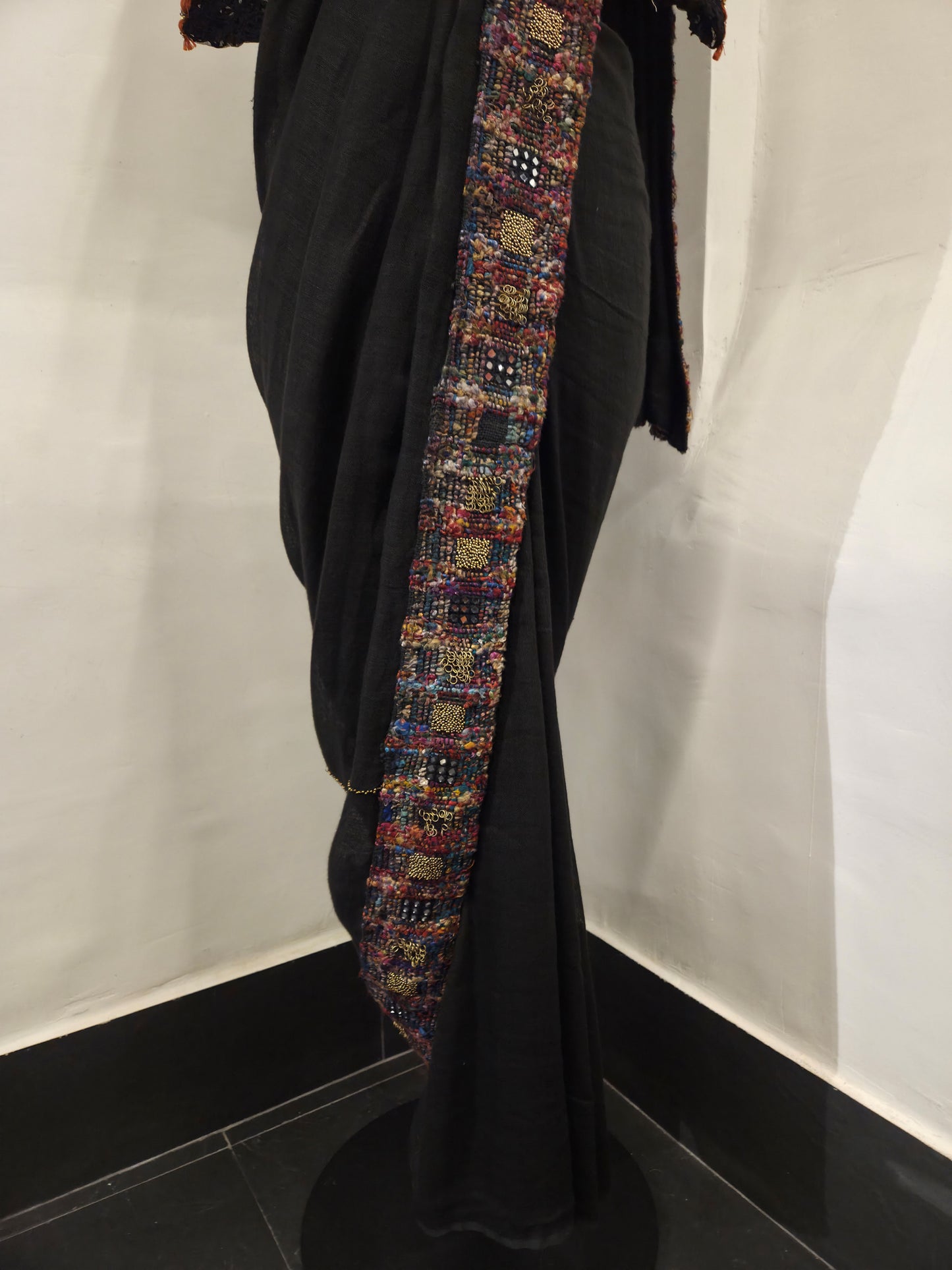 Black Linen Hand Embroidered Saree