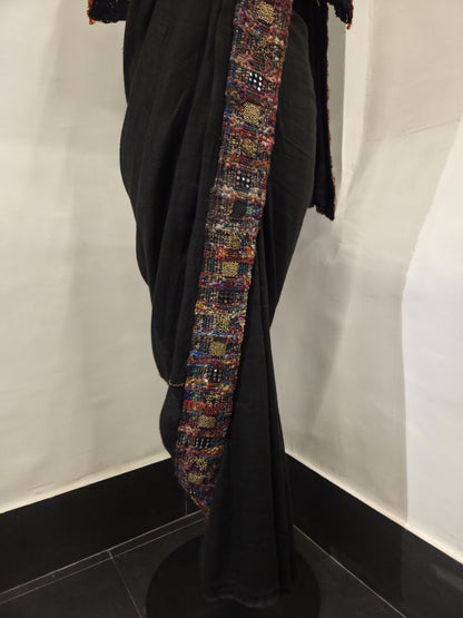 Black Linen Hand Embroidered Saree