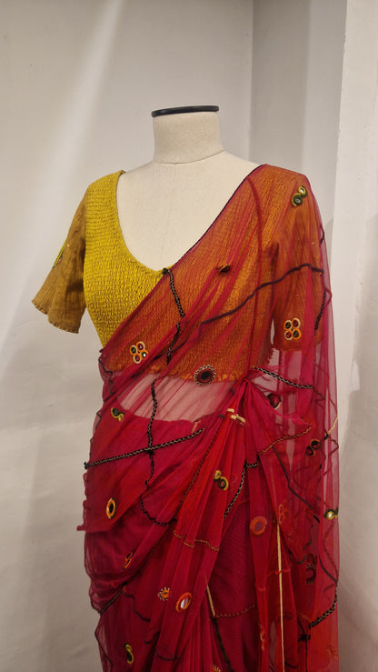 Pink Net and Mirrorwork Saree