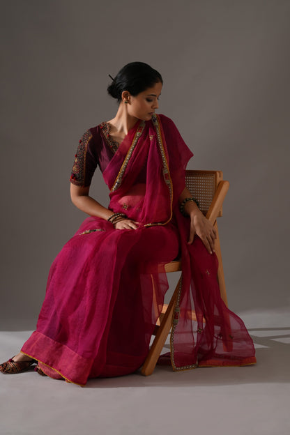 Purple Pink Hand Embroidered Saree Set