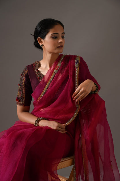 Purple Pink Hand Embroidered Saree Set