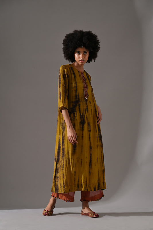 Mustard Tie Dye Embroidered Kurta Set