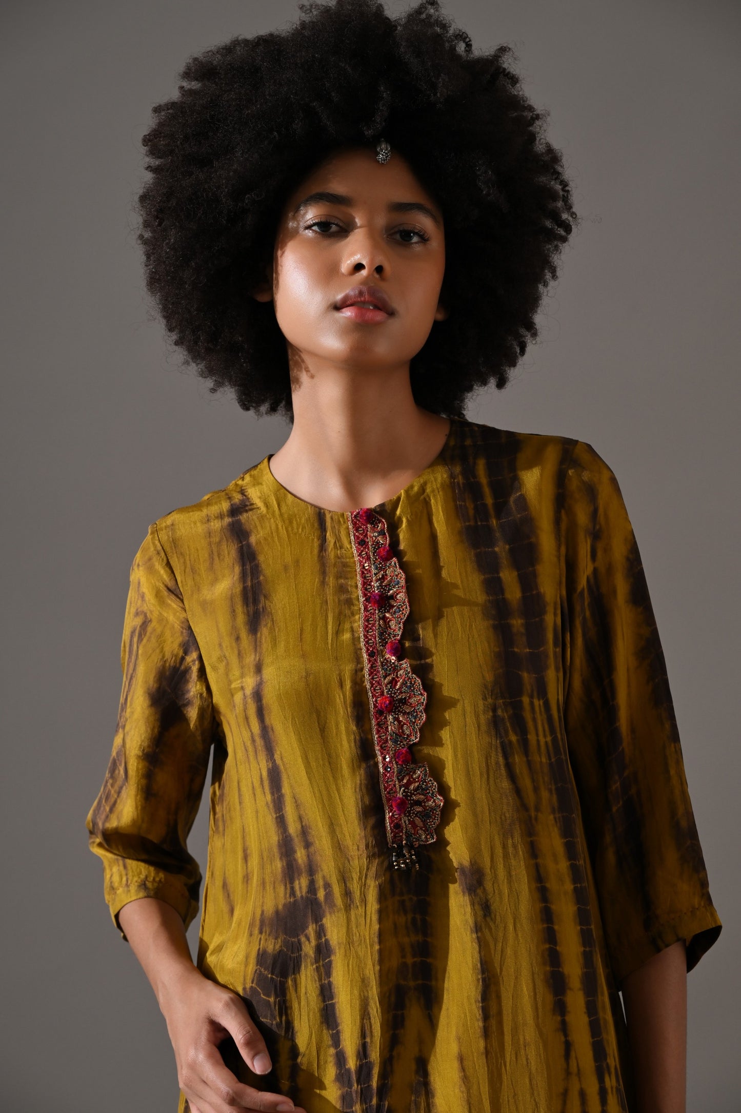 Mustard Tie Dye Embroidered Kurta Set