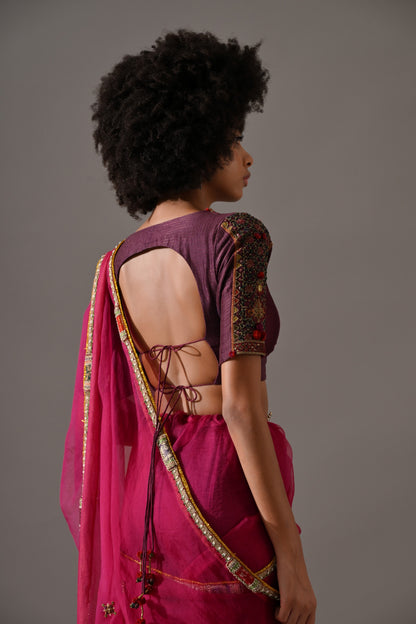 Purple Pink Hand Embroidered Saree Set