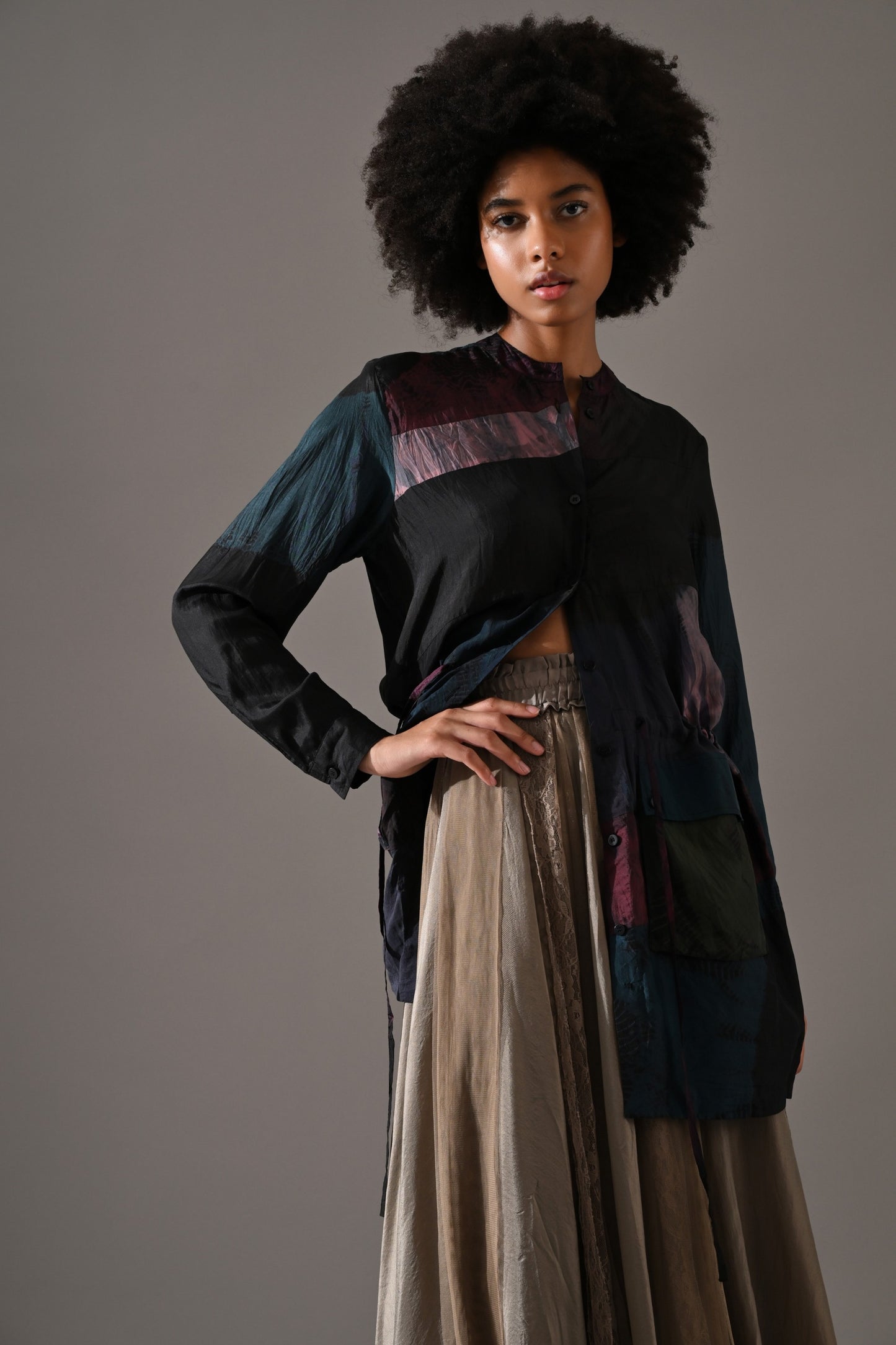 Beige Multi Patchwork and Placement Tie Dye Skirt Set