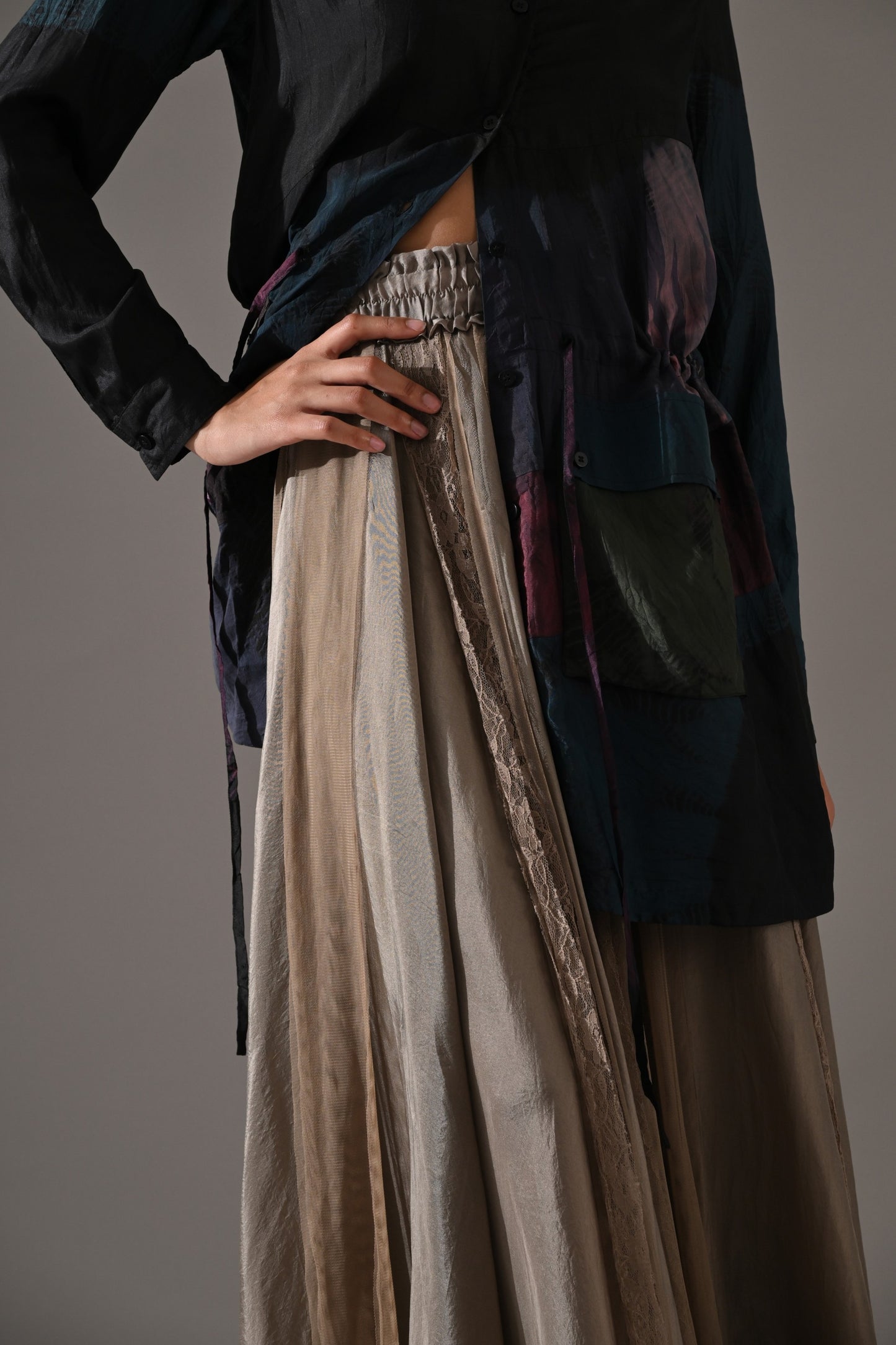 Beige Multi Patchwork and Placement Tie Dye Skirt Set
