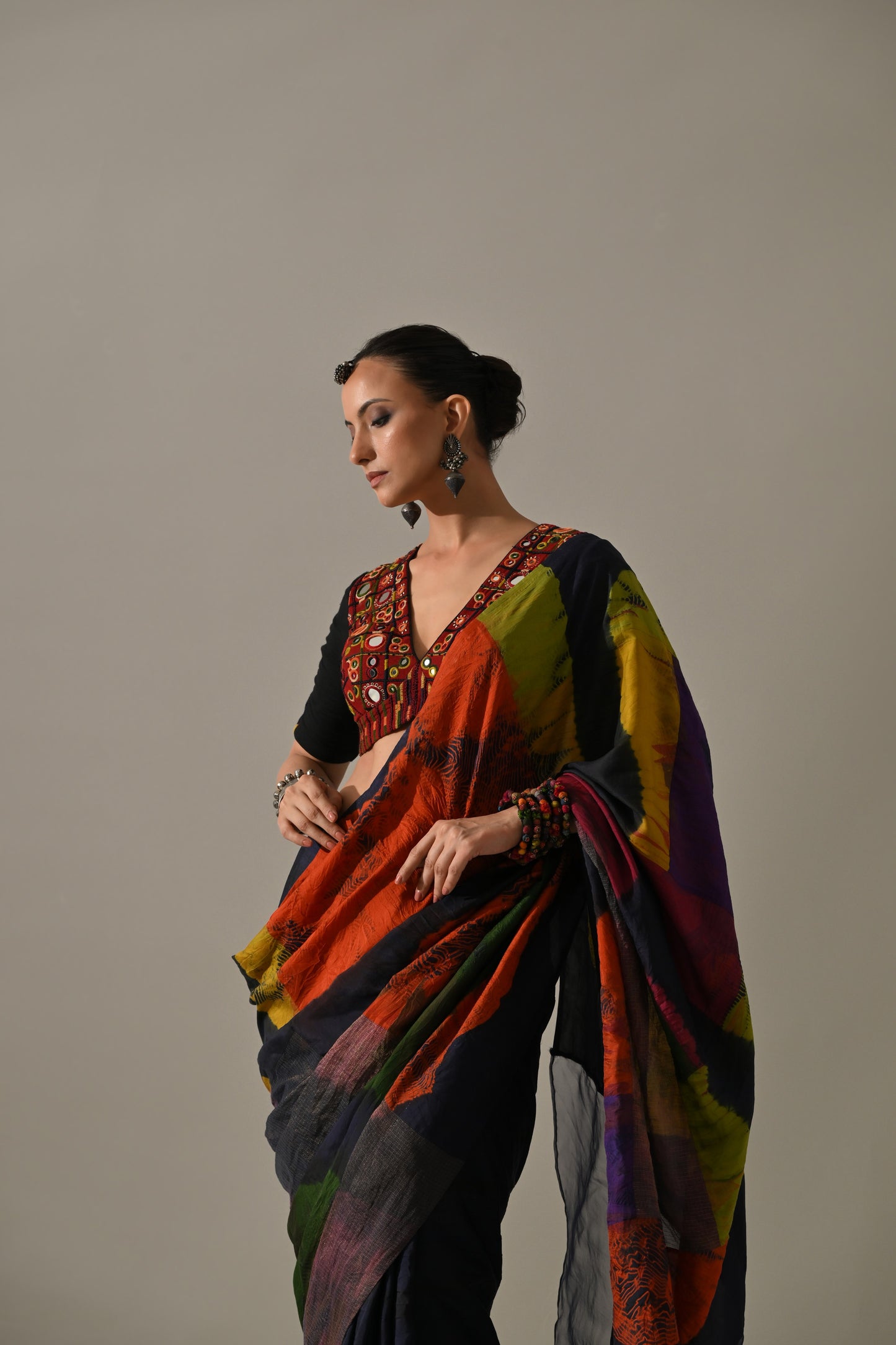 Multi Patchwork Hand Embroidered Saree Set