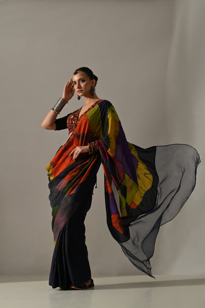 Multi Patchwork Hand Embroidered Saree Set