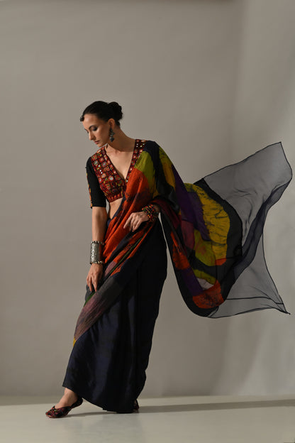Multi Patchwork Hand Embroidered Saree Set
