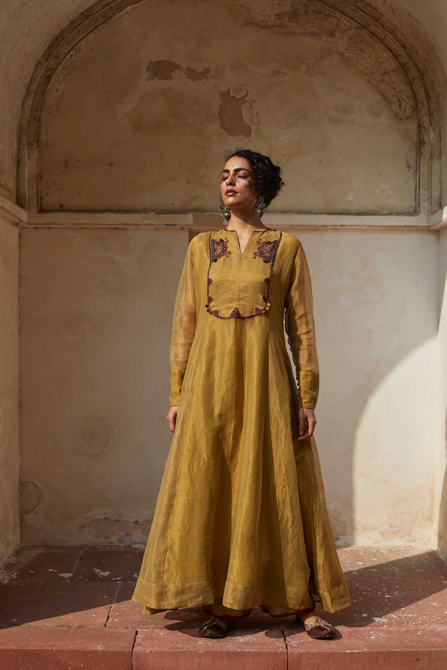 Golden Hand Embroidered Anarkali Set