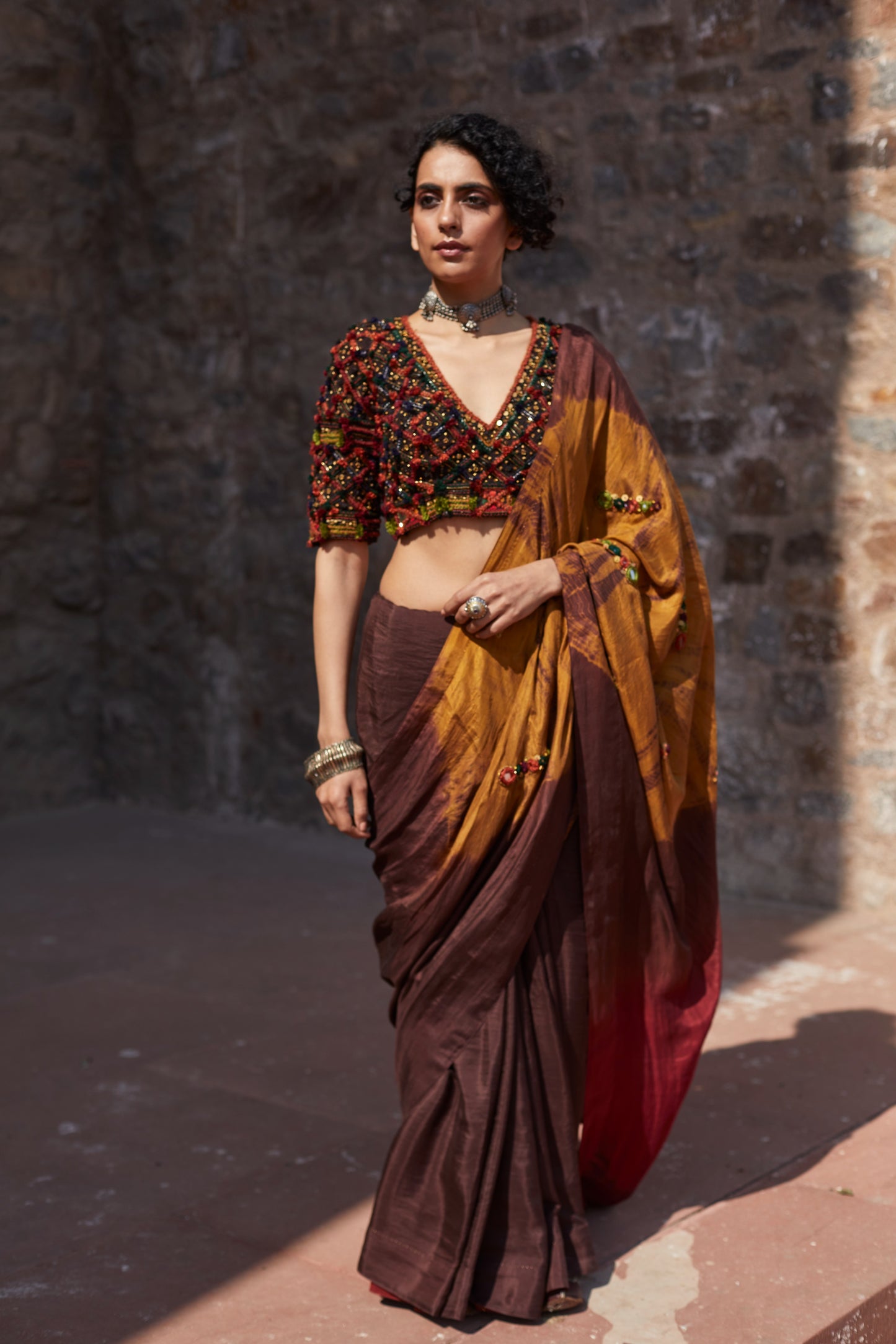 Brown Tie-Dye Hand Embellished Saree