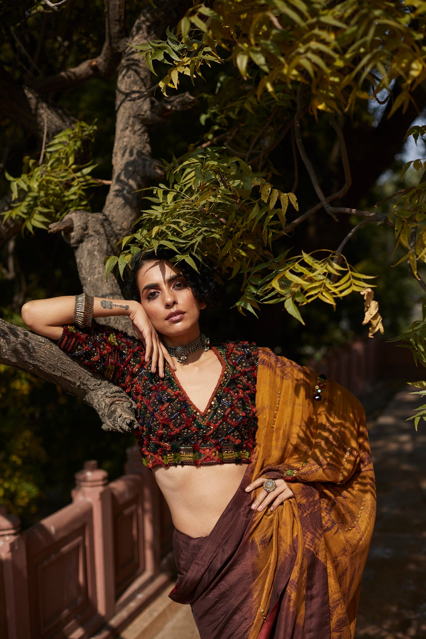 Brown Tie-Dye Hand Embellished Saree