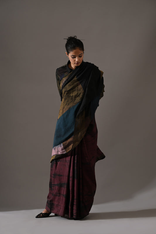 Multi Patchwork Resist Dyed Saree Set