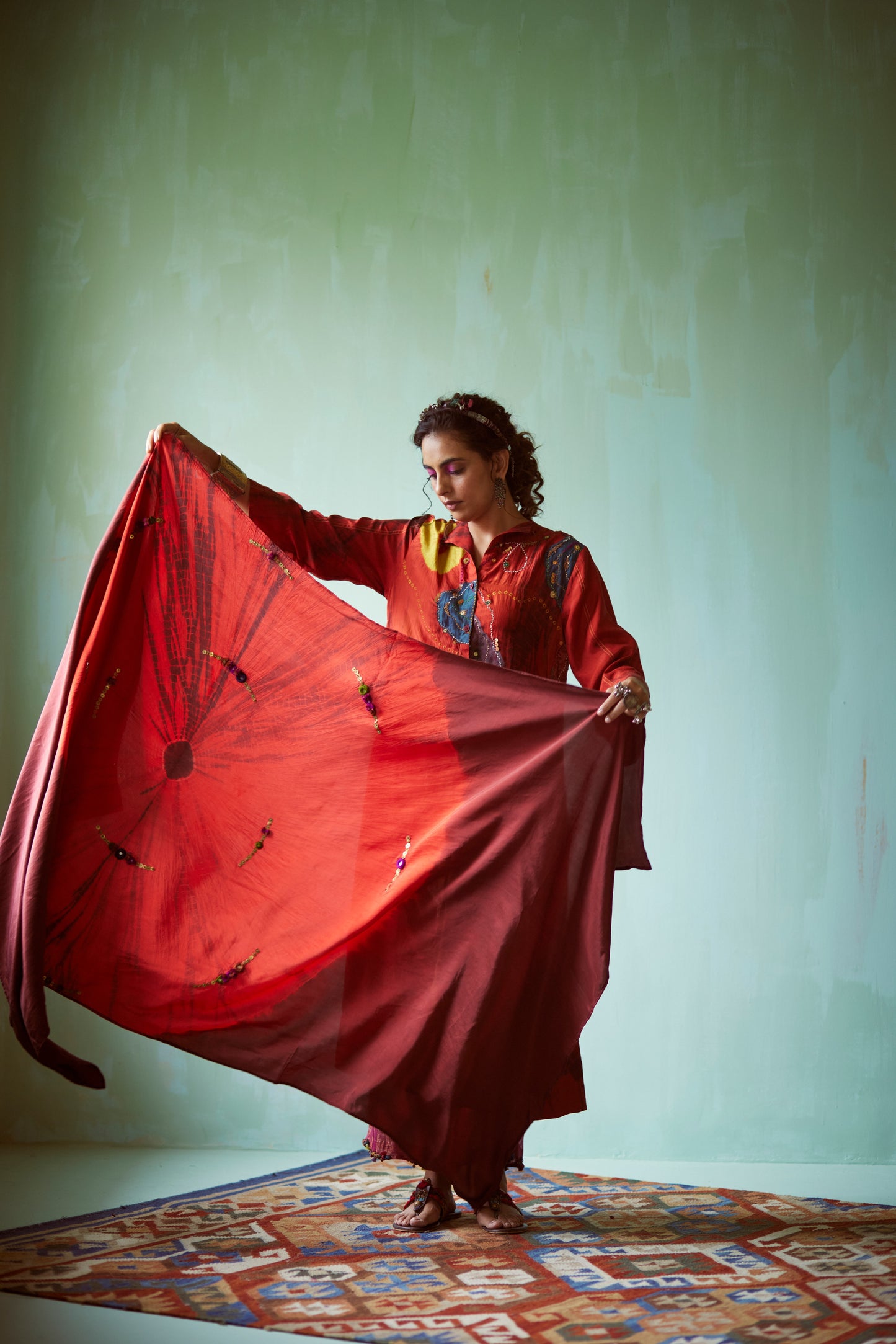 Orange hand embellished dupatta
