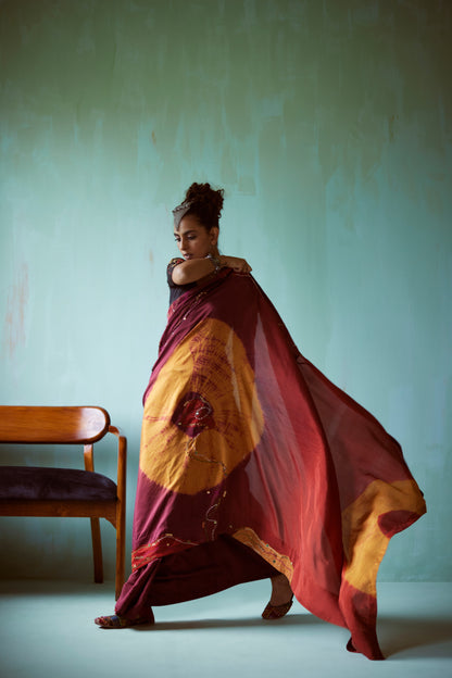 Maroon Tie-Dye Hand Embellished Saree Set