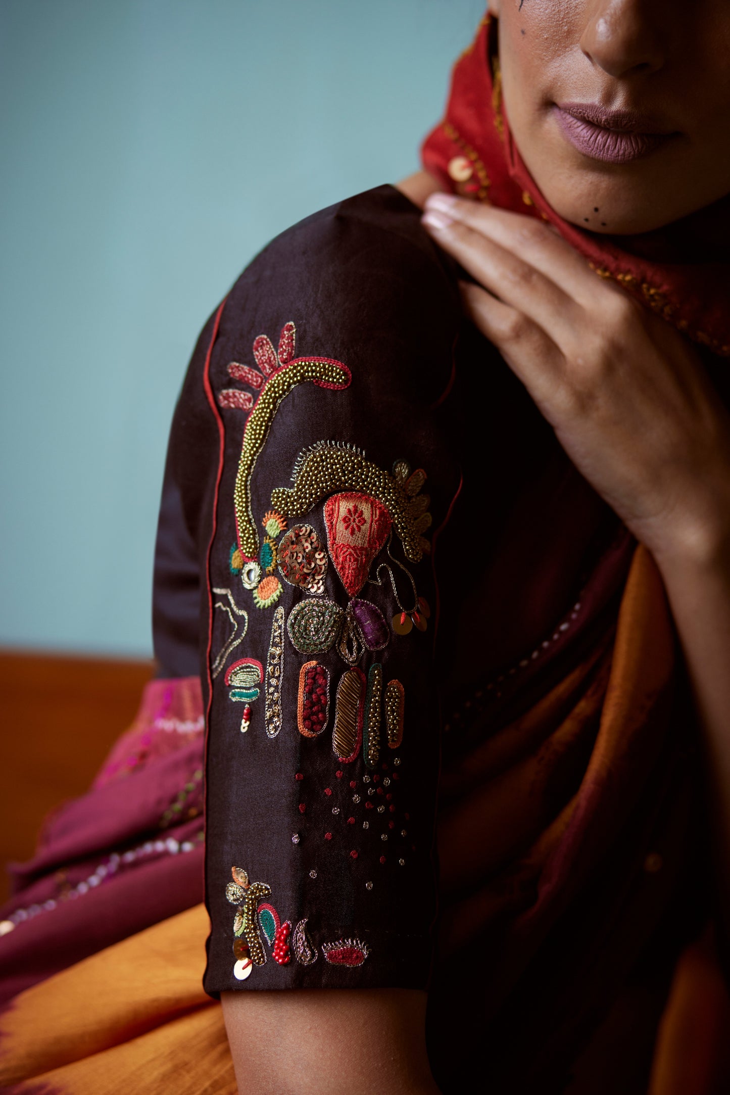 Maroon Tie-Dye Hand Embellished Saree Set