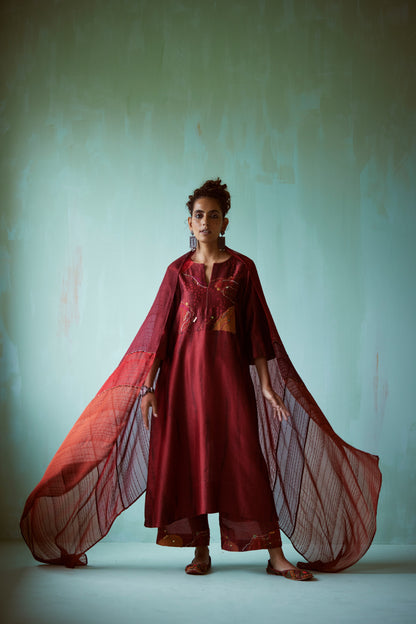 Red Panelled Hand Embellished Dupatta