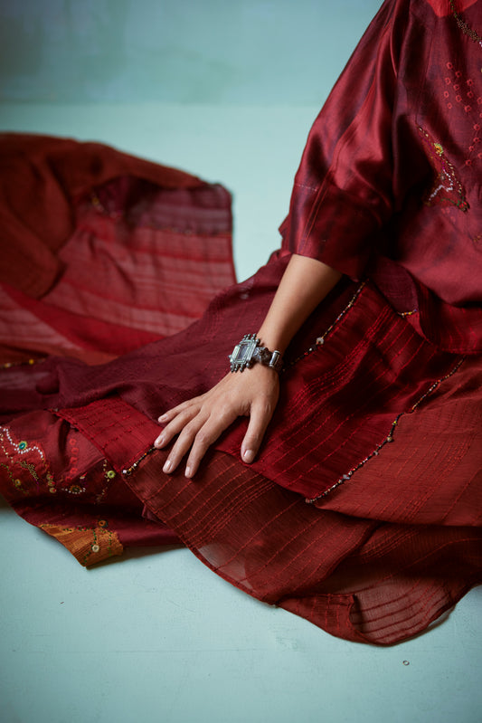 Red Panelled Hand Embellished Dupatta