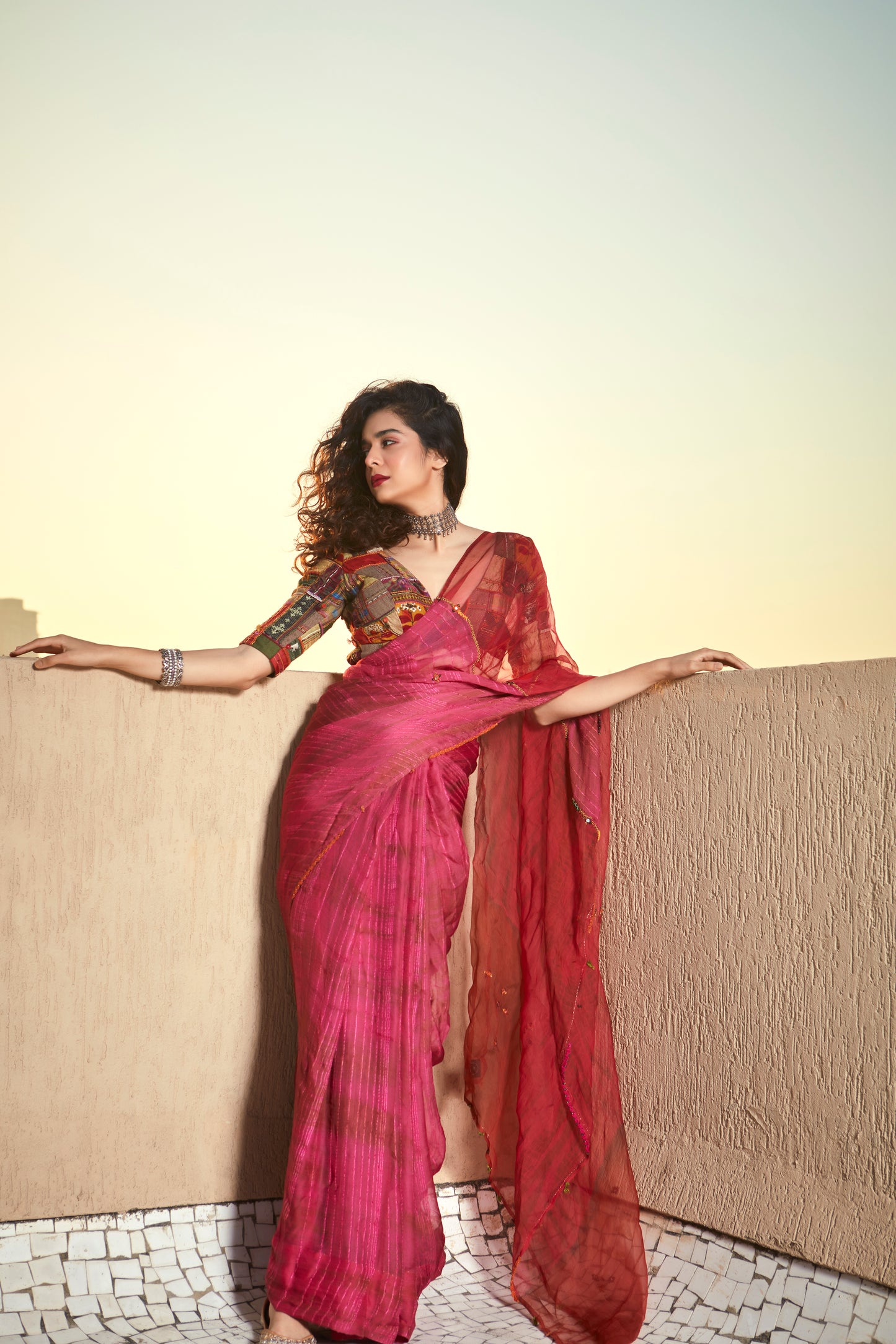 Pink Textured Hand Work Saree Set