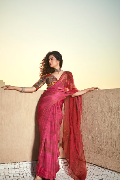 Pink Textured Hand Work Saree Set