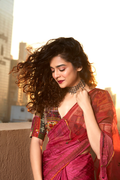 Pink Textured Hand Work Saree Set