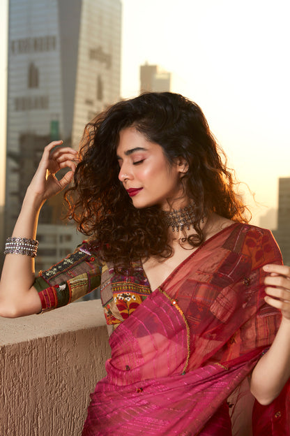 Pink Textured Hand Work Saree Set
