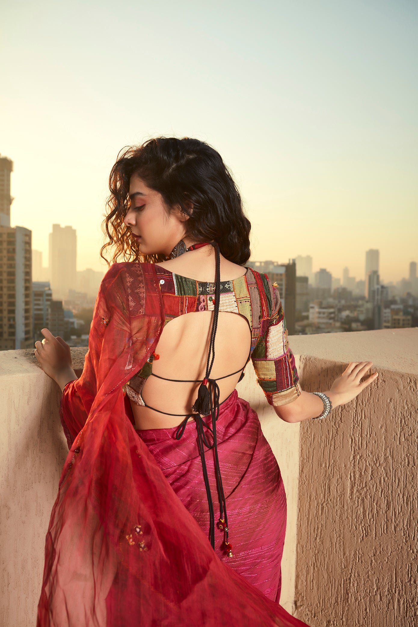 Pink Textured Hand Work Saree Set