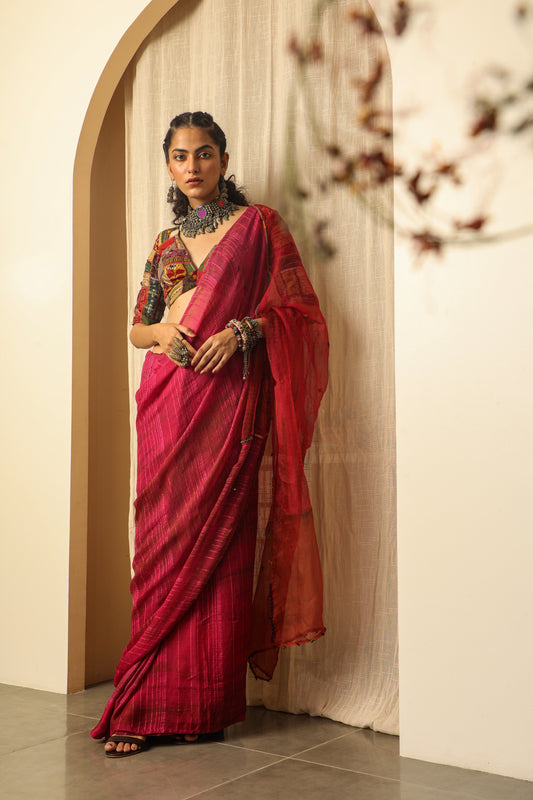 Pink Textured Hand Work Saree Set