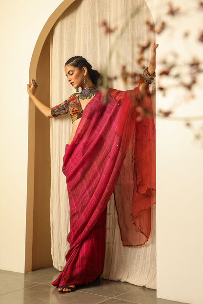 Pink Textured Hand Work Saree Set