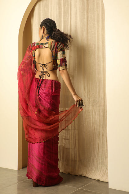 Pink Textured Hand Work Saree Set