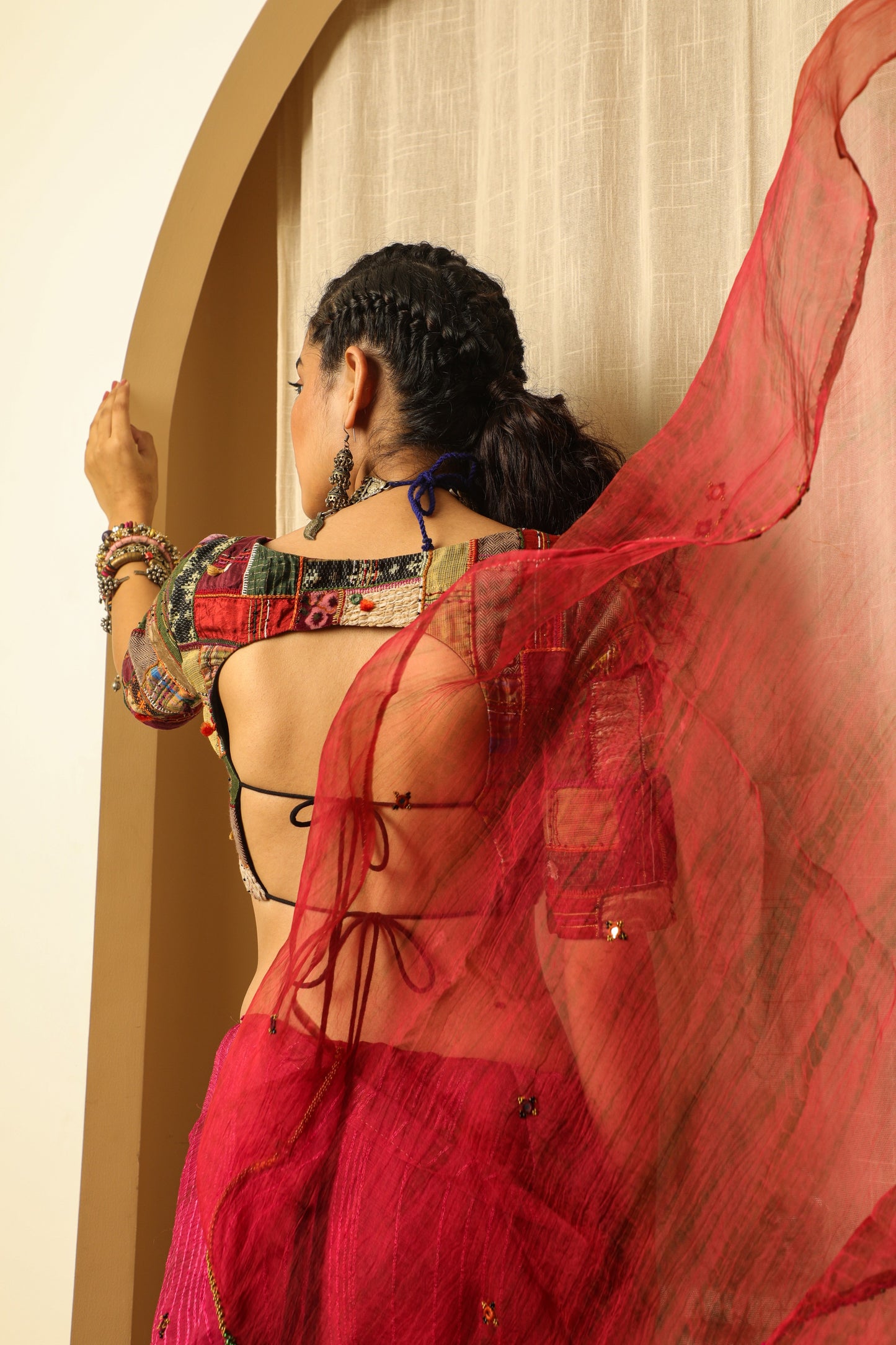 Pink Textured Hand Work Saree Set