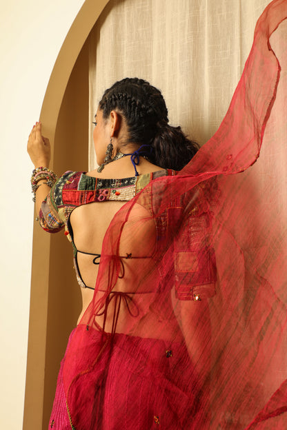 Pink Textured Hand Work Saree Set