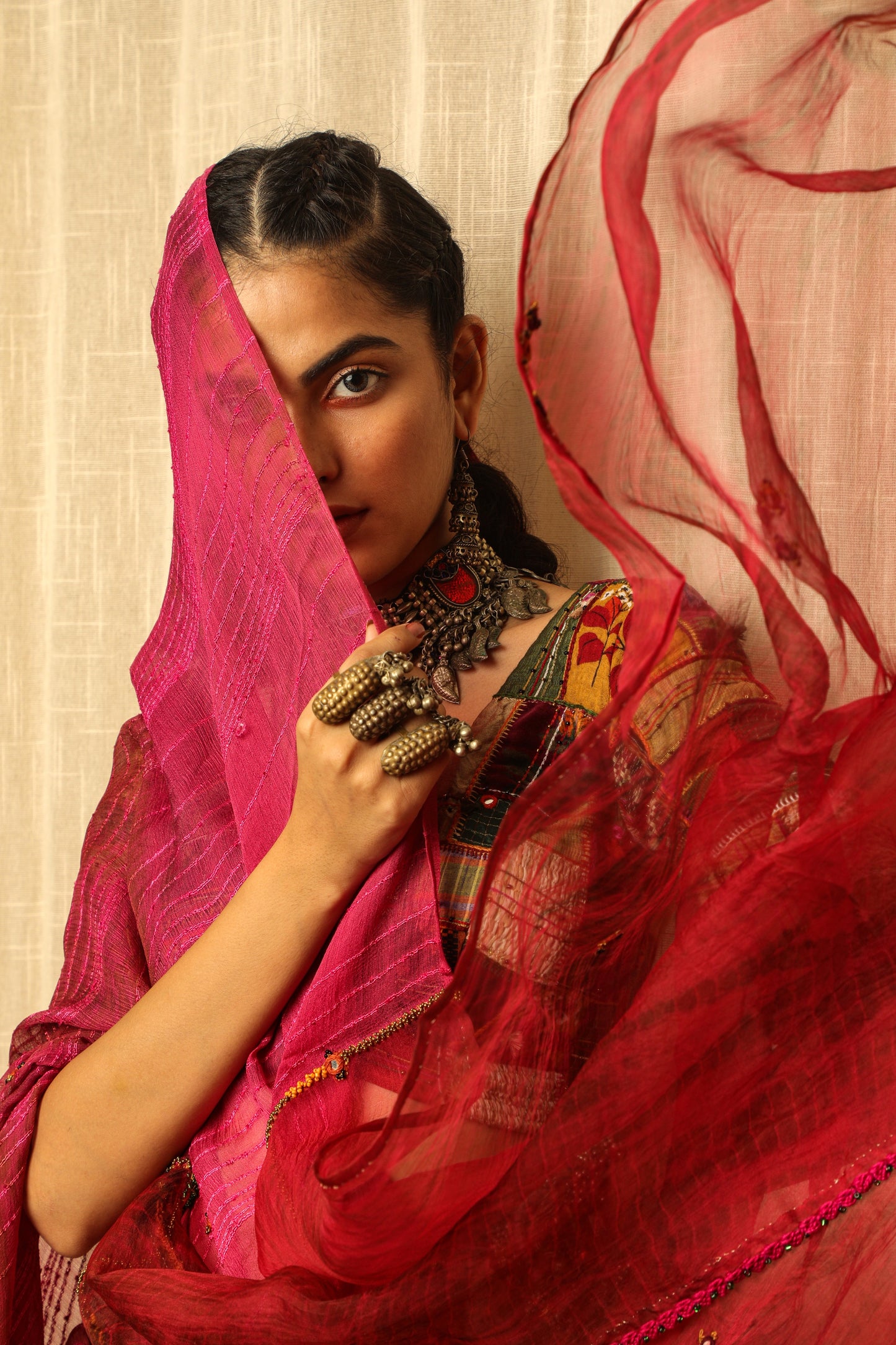 Pink Textured Hand Work Saree Set