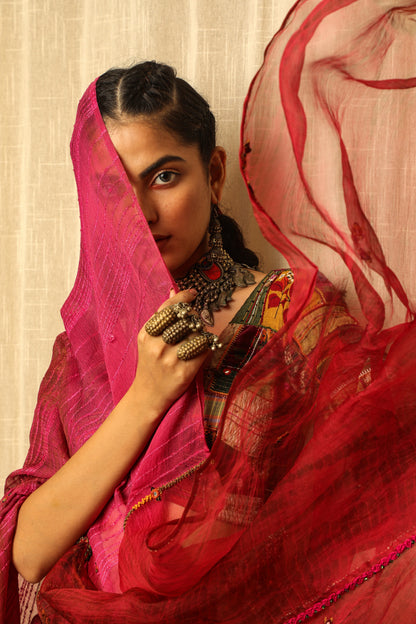 Pink Textured Hand Work Saree Set